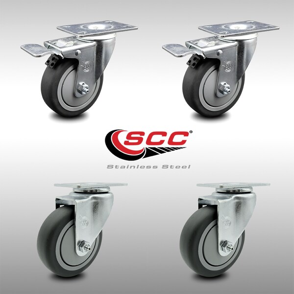 4 Inch SS Thermoplastic Rubber Wheel Top Plate Caster Total Lock Brakes, 2PK